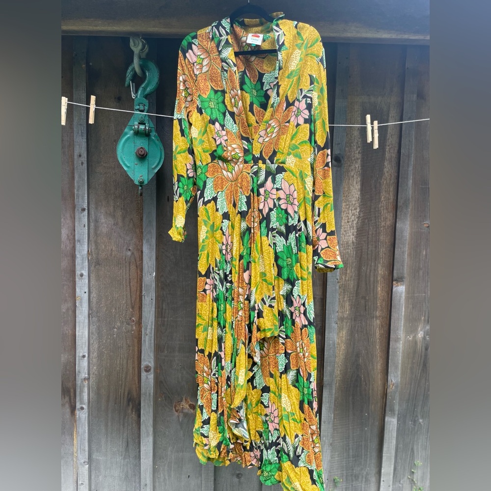 FARM Rio Green and Yellow Bishop Sleeve Sundress